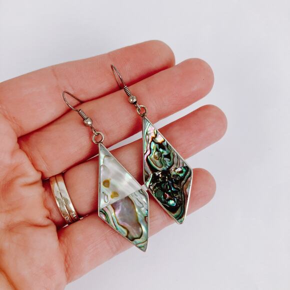 VTG Alpaca Mexico Abalone Mother Of Pearl Dangle Earrings 1960s-70s Mid Century - Picture 3 of 10